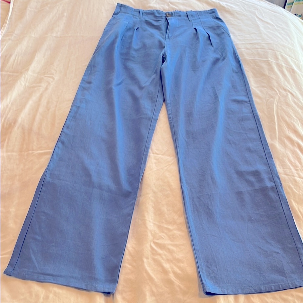 Cornflower blue linen slacks.